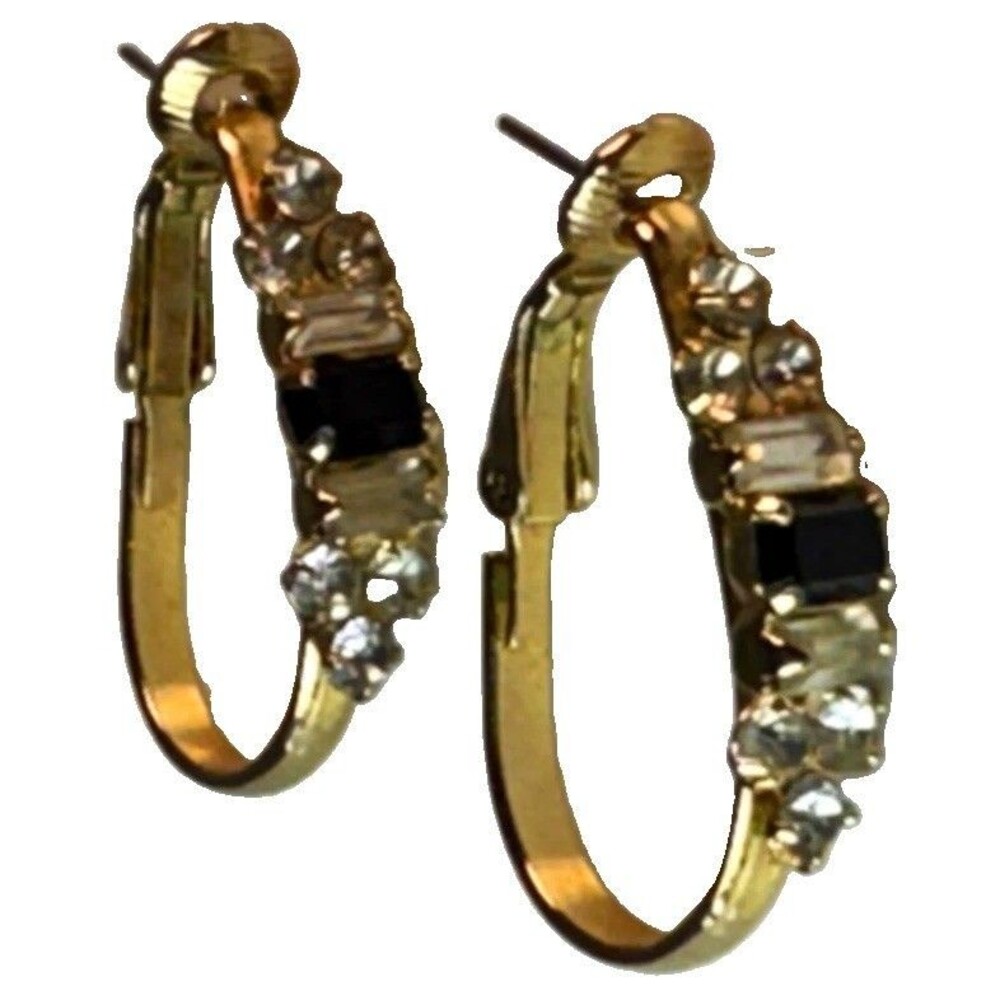 Vintage Goldtone Teardrop Hoop Earrings Black & Clear Rhinestones